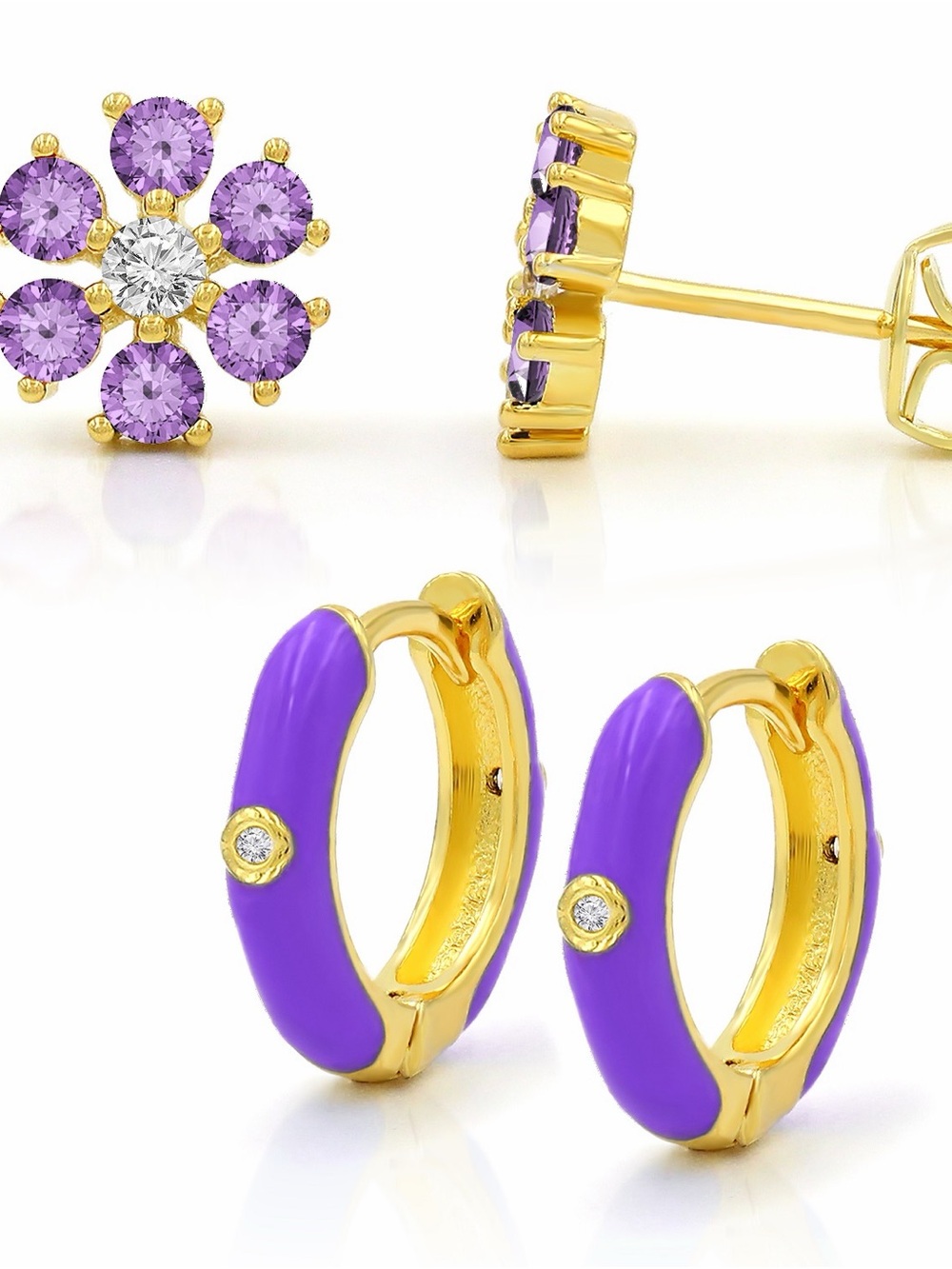 925 Silver Gold Plated Purple CZ Flower Stud & Purple Enamel Hoop Earring Set